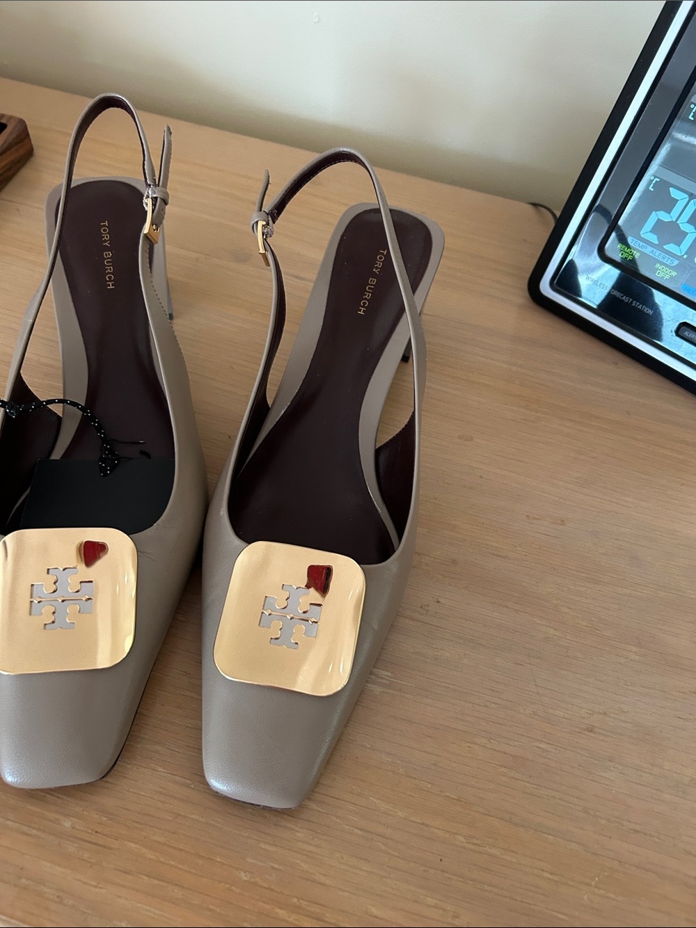 Tory Burch Taupe Leather Slingback Flats with Gold Logo Plate